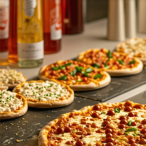 Professional pizza catering setup for 50 guests with gourmet platters and beverages.