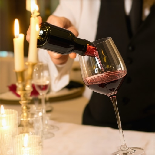 A professional sommelier decanting wine at a private dinner