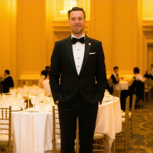 A server maintaining professional decorum at a high-end wedding reception.