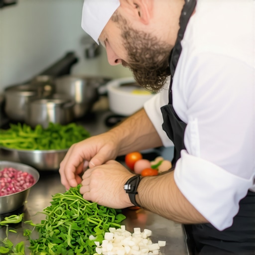 A private chef following sanitization protocols in a high-end kitchen for a wedding event.