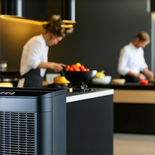 A modern air purifier placed near a kitchen to manage cooking odors during a private event.