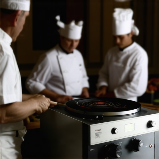 Professional chef monitoring electrical load for high-end wedding catering equipment to prevent power failure.