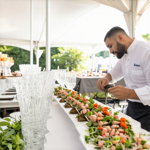 High-end catering setup with glassware and food temperature control equipment.