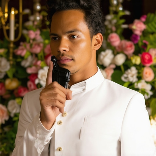 A professional wedding server maintaining composure during a high-stakes event coordination.