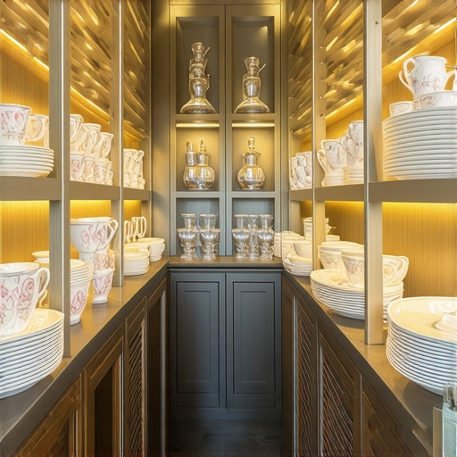 Professional wedding scullery setup with organized designer plates.