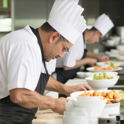 Professional private chef and assistant managing a high-end kitchen for a wedding event.