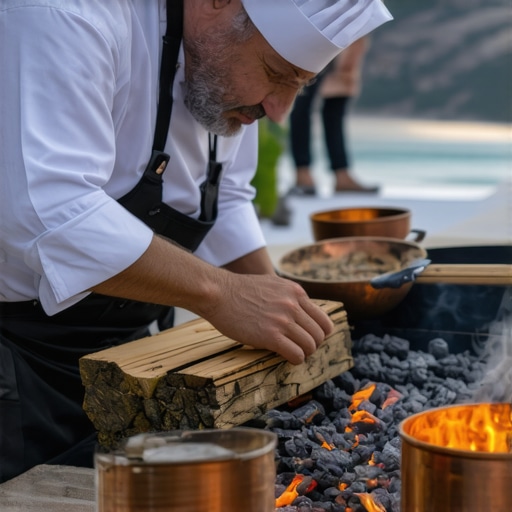 A private chef using traditional hearth cooking techniques for a luxury wedding feast.