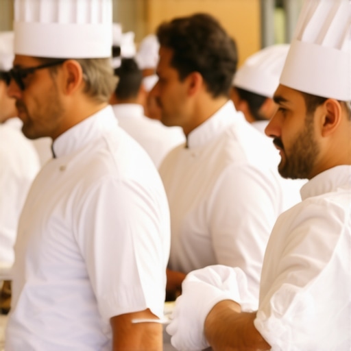Elite catering staff performing silent service in a luxury private home kitchen.