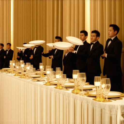 Professional servers performing synchronized service at a high-end wedding gala.