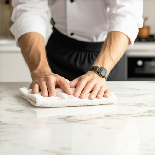 Chef sanitizing a premium marble countertop with a microfiber cloth
