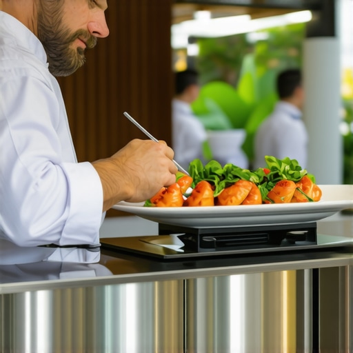 Professional catering plating station with wind deflectors and infrared heat lamps