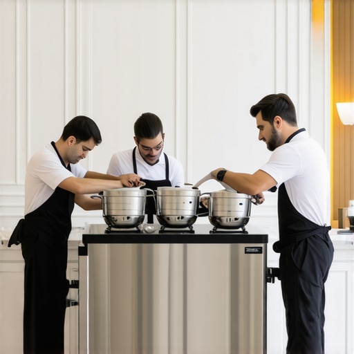 High-end mobile refrigeration and food transport equipment being positioned by a professional catering team.
