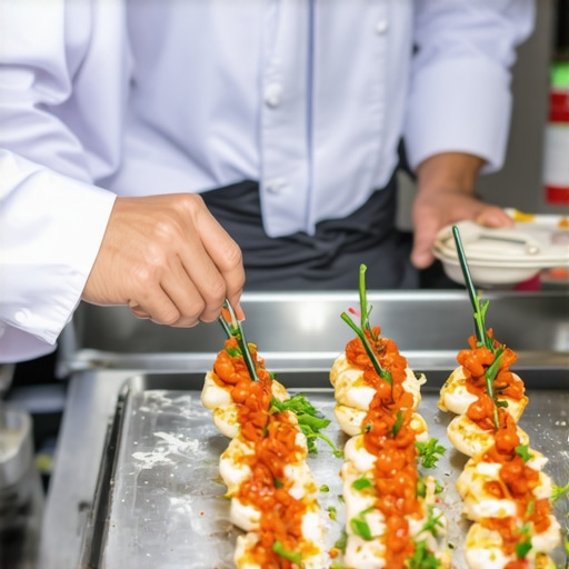 Mobile Finishing Kitchen Setup for Luxury Wedding Professional private chefs plating food in a high-end mobile kitchen at a wedding venue.