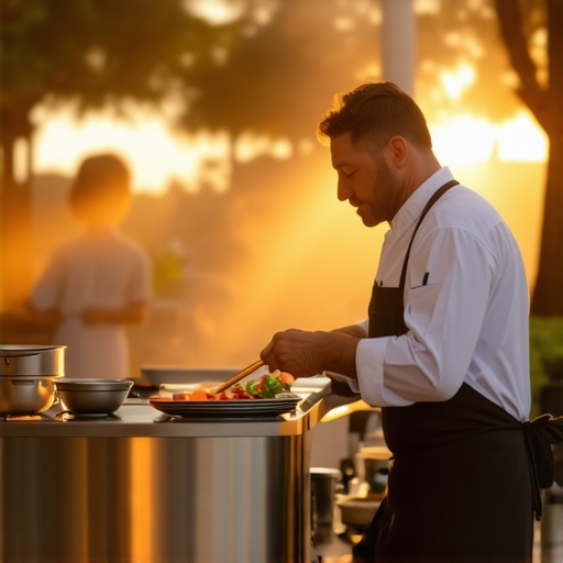 Professional chef managing specialized catering equipment at a remote wedding estate.