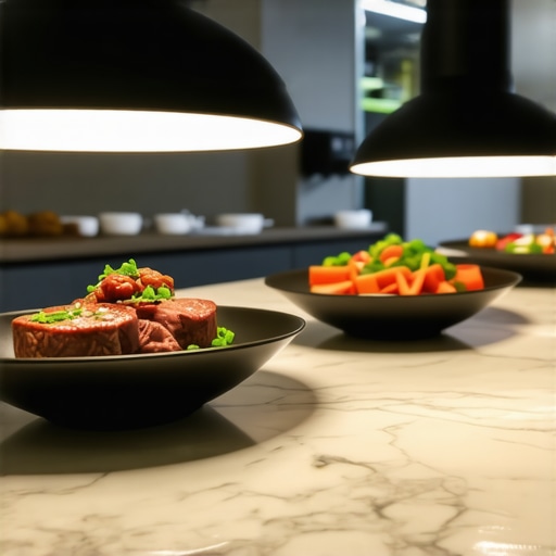 A high-end buffet setup showing decorative heat lamps integrated into a sleek office kitchen counter.