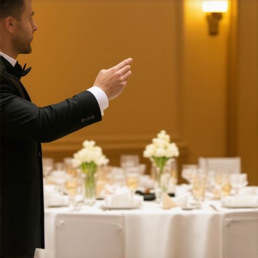 Professional banquet server using silent hand signals during a wedding event.