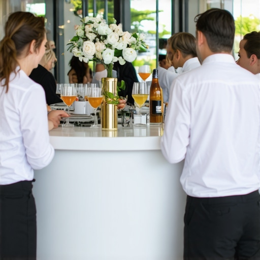 An elegant corporate mixer showing strategic layout of independent food pods to optimize guest flow and networking.