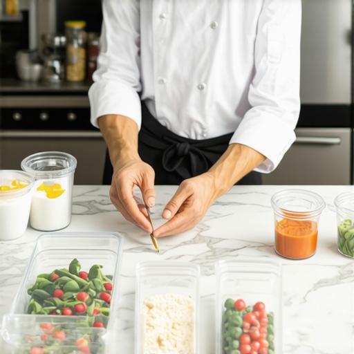 A professional chef organizing a high-end residential kitchen for an event.