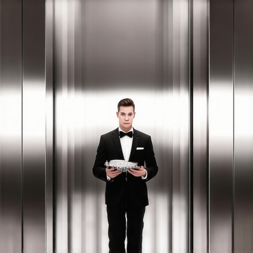 A professional server moves through a clean, sound-dampened service hallway in a luxury venue.