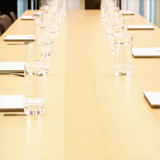 A professional boardroom setup designed to accommodate both high-level documents and refined catering without clutter.