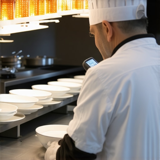 A professional chef using heat lamps to warm ceramic plates at a luxury wedding venue.
