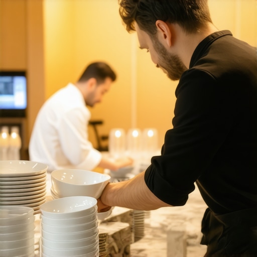 Professional kitchen porter managing cleanup in a luxury home kitchen