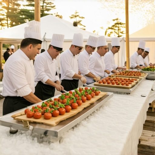 Professional chefs preparing food in a climate-controlled outdoor tent for a high-end wedding.