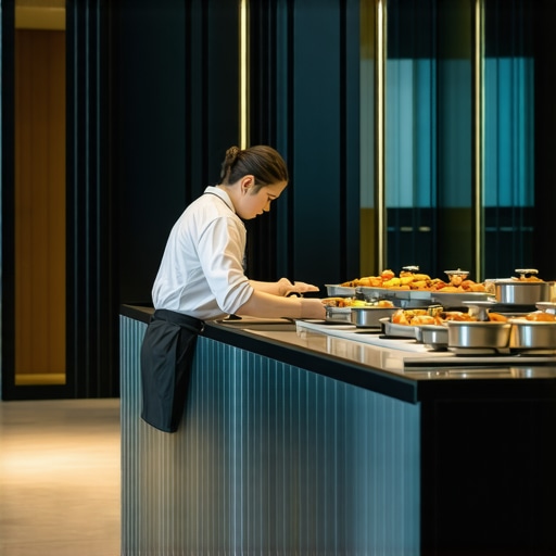 Professional catering setup in a high-rise office lobby