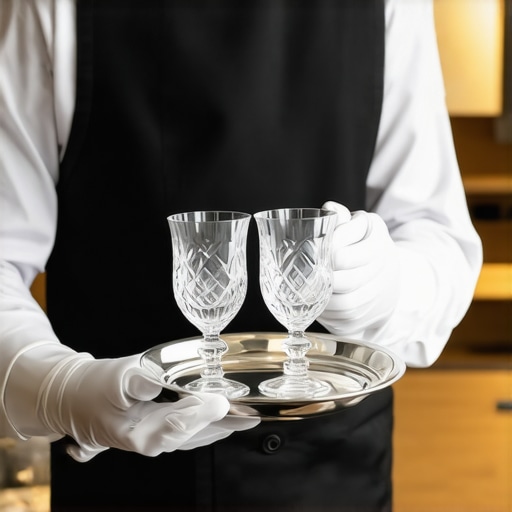A professional server carrying luxury glassware in an organized service corridor