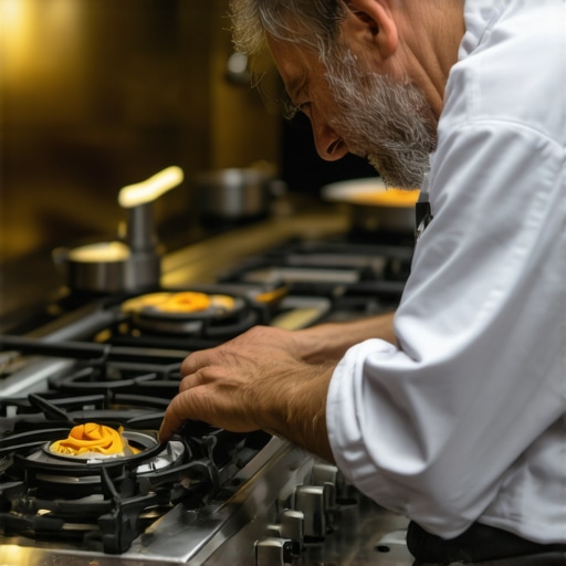 Private chef inspecting professional kitchen equipment before a catered event.