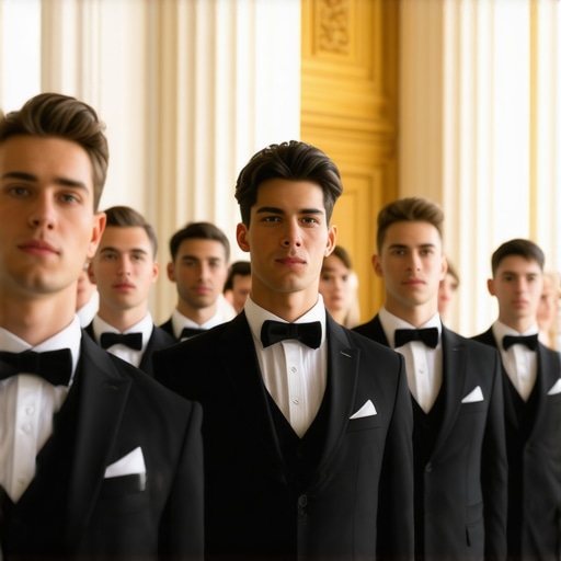 Professional wedding staff preparing for service at a luxury event venue.