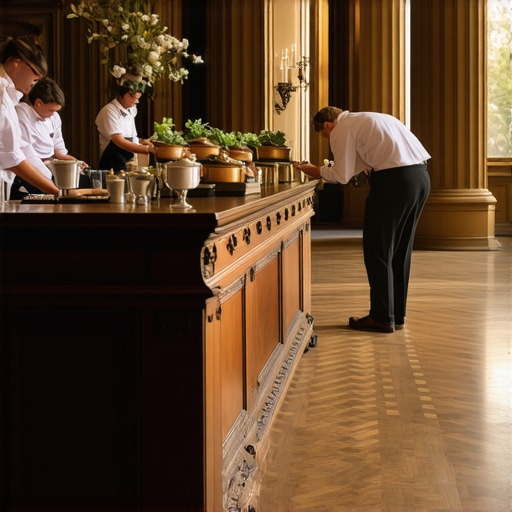 Catering staff installing protective barriers under heavy equipment in a luxury venue.