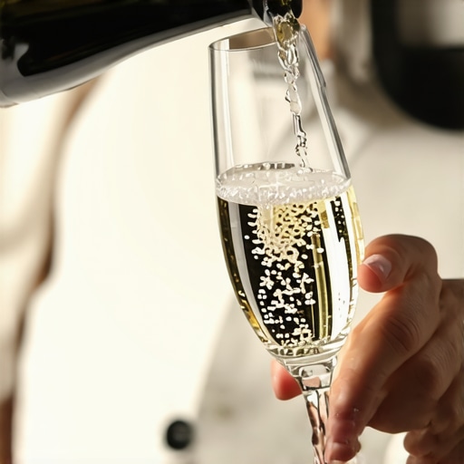 Professional server pouring champagne into high-end crystal glassware at a wedding.