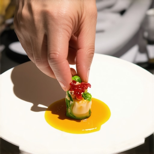 A professional chef meticulously garnishing a dish on a warm plate to ensure temperature stability and presentation.