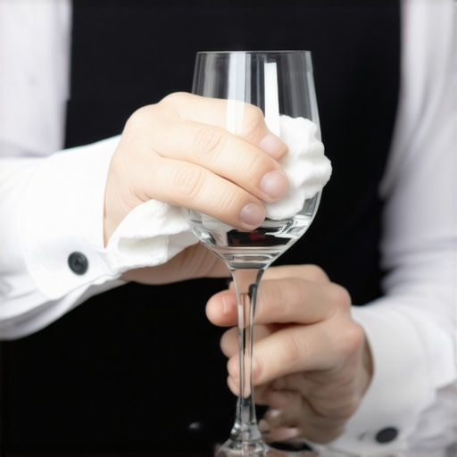 A professional server handling luxury crystal with a microfiber cloth to avoid fingerprints.