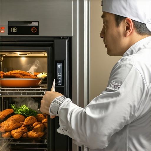 A professional chef monitoring a CVap holding cabinet to maintain food quality at a wedding