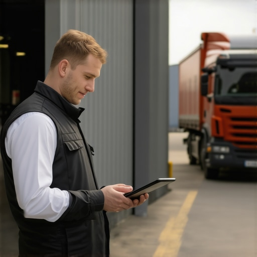A logistics manager scanning an insulated food container at a corporate loading dock.