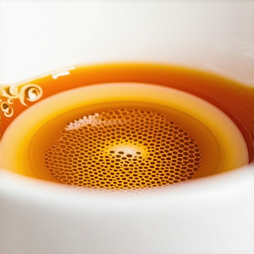 A detailed close-up of soup surface tension in a designer porcelain bowl.
