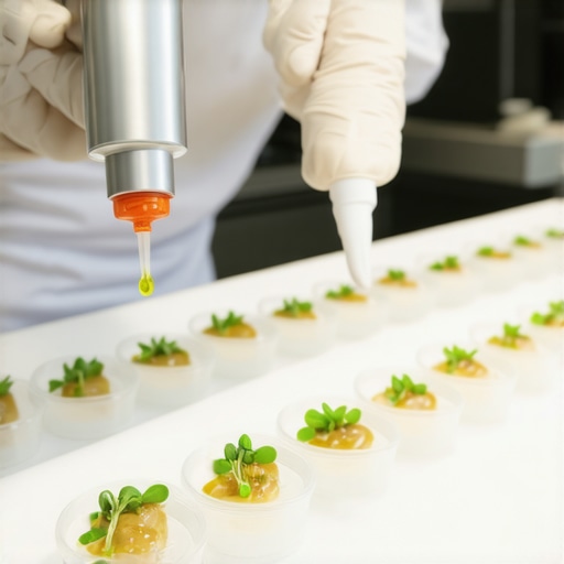 A chef applying an edible adhesive dot to a luxury plate for stability.