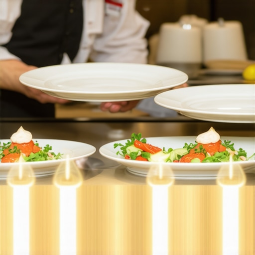 Precision Plating and Service Staging A professional server performing a final inspection of a gourmet dish in a high-end catering staging area.