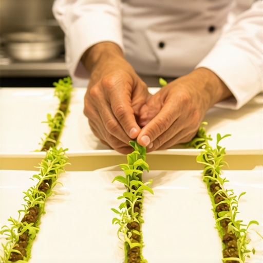 Chef carefully placing microgreens on hot plates under heat lamps to ensure freshness and visual appeal.
