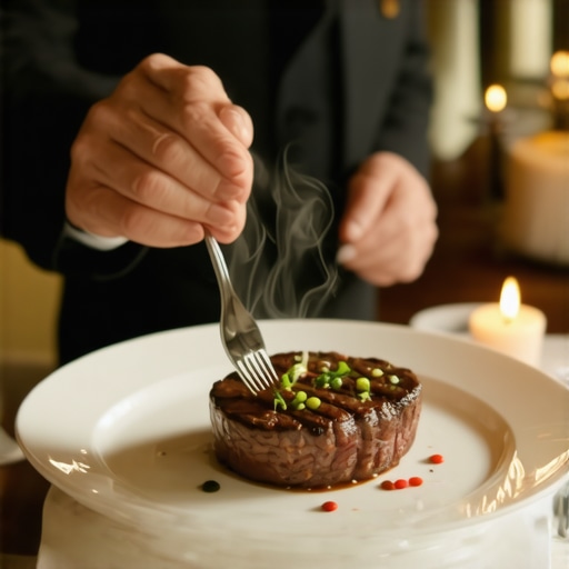 Professional server plating a luxury steak at a wedding event.