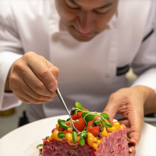 A professional private chef carefully garnishing a high-end wedding dish using precision tools.
