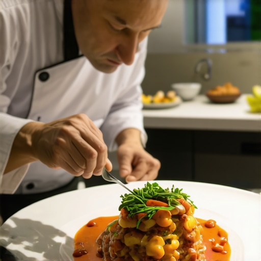 Private chef plating a wedding dish under professional task lighting in a high-end estate kitchen