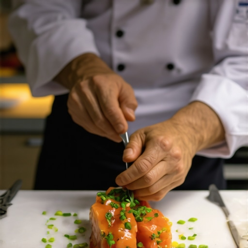 Private chef garnishing a plated wedding entree in a small kitchen