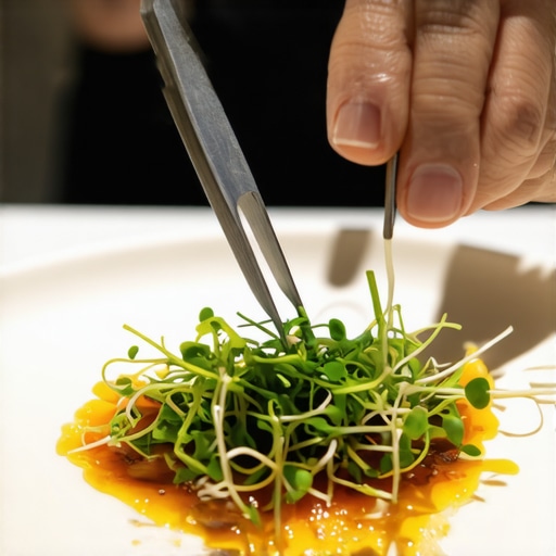 A private chef using tweezers for intricate plating in a luxury home kitchen setting.