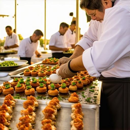 Professional chefs plating high-end appetizers in a temporary tented kitchen setup for a luxury wedding.