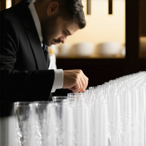 A catering manager inspecting crystal glassware to ensure impeccable service standards at a high-end event.