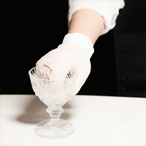 Close-up of a professional server placing crystal glassware silently on a linen-covered table
