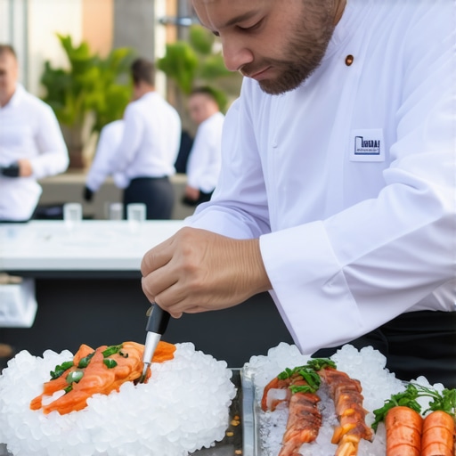Private chef monitoring seafood temperature at a high-end wedding